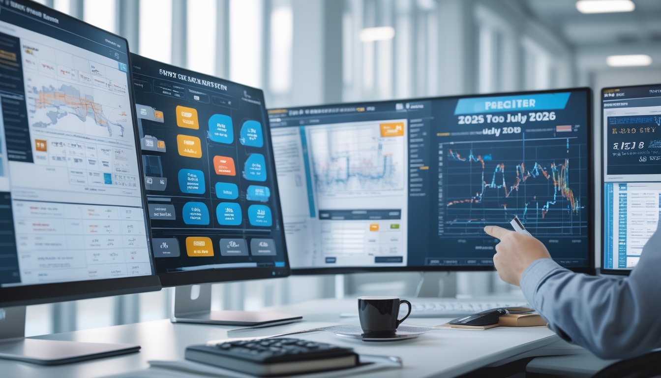 Seorang profesional sedang menganalisis data pada beberapa layar komputer di ruang kantor modern dengan peralatan kerja di meja.