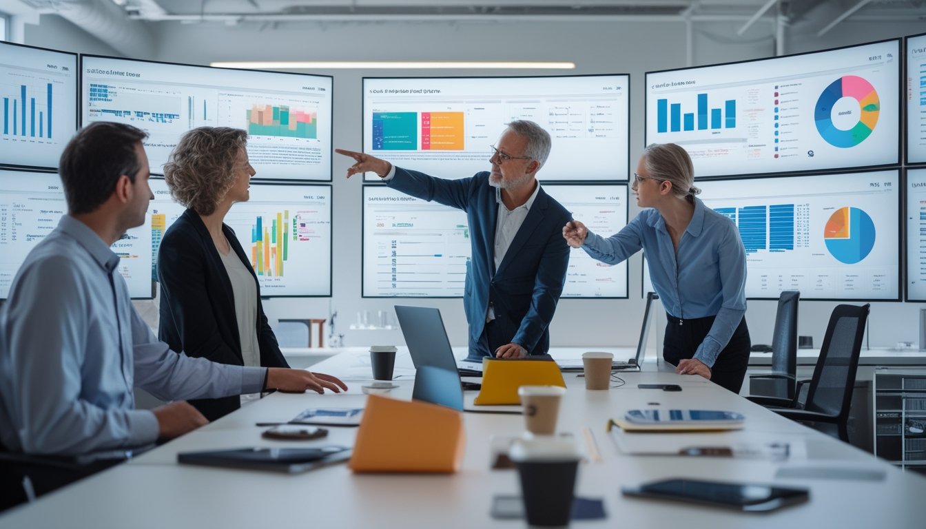 Beberapa orang sedang berdiskusi sambil melihat data dan grafik pada layar komputer di ruang kantor.