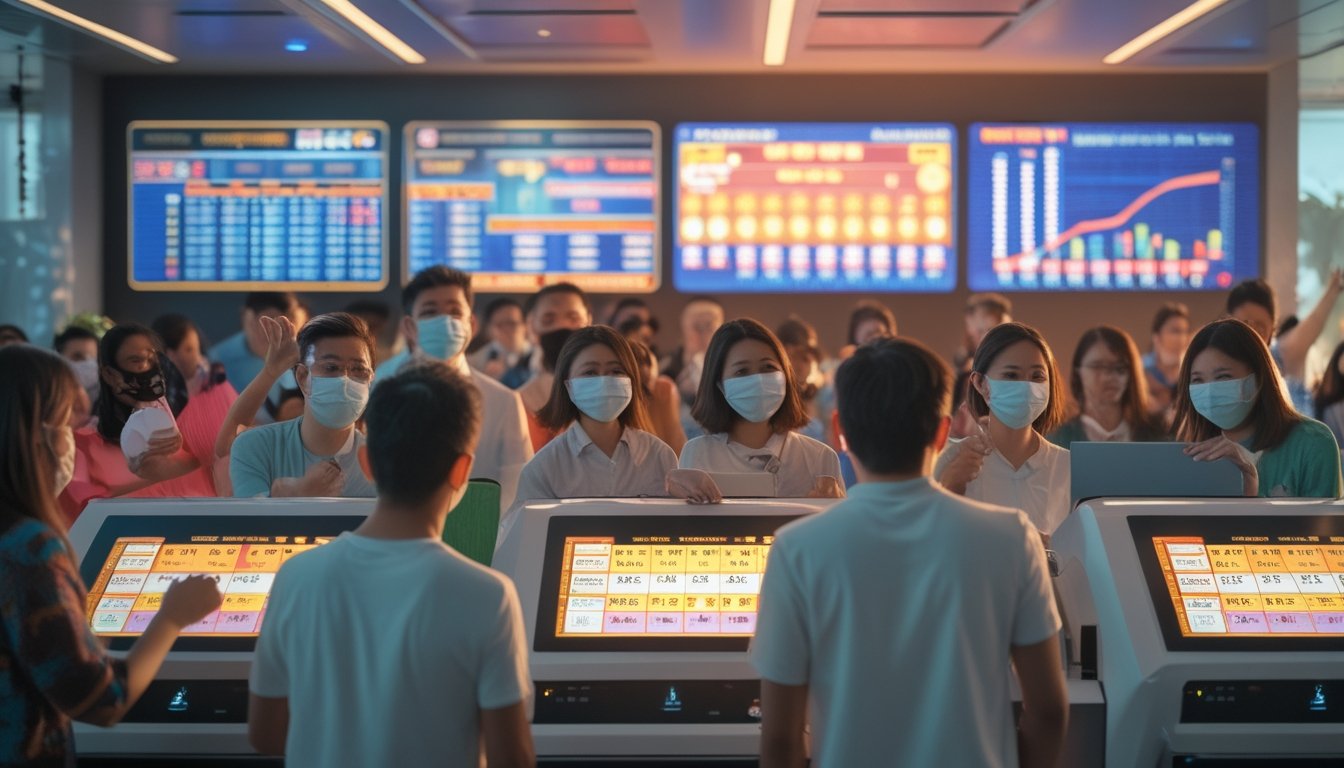 Sekelompok orang Indonesia sedang menggunakan terminal lotre digital dengan layar angka dan grafik di ruangan modern, menunjukkan antusiasme dan harapan mereka.