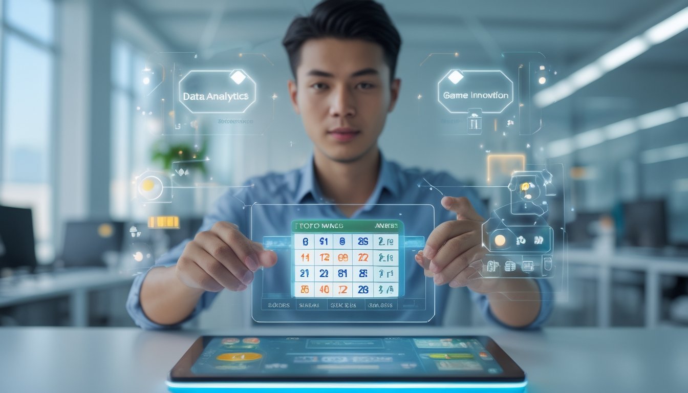 Seorang orang Indonesia muda menggunakan layar sentuh digital dengan angka lotre dan grafik di latar kantor modern.