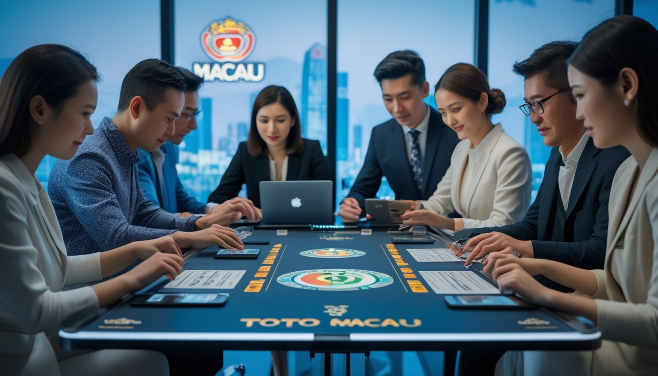 Sekelompok orang sedang bermain dan berdiskusi tentang permainan Toto Macau di meja dengan perangkat elektronik dan lembar permainan.