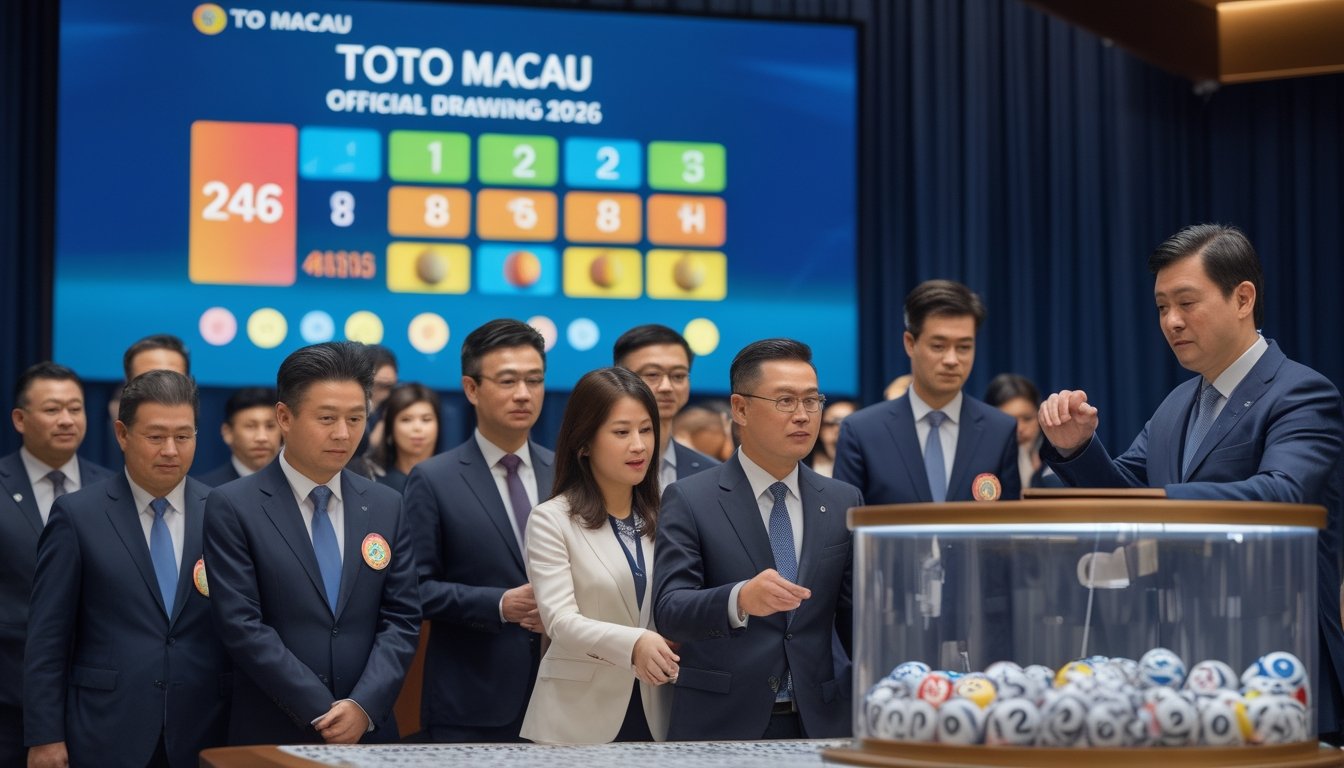 Orang-orang berpakaian formal sedang melakukan pengundian lotere dengan drum berisi bola bernomor di sebuah ruangan konferensi modern.