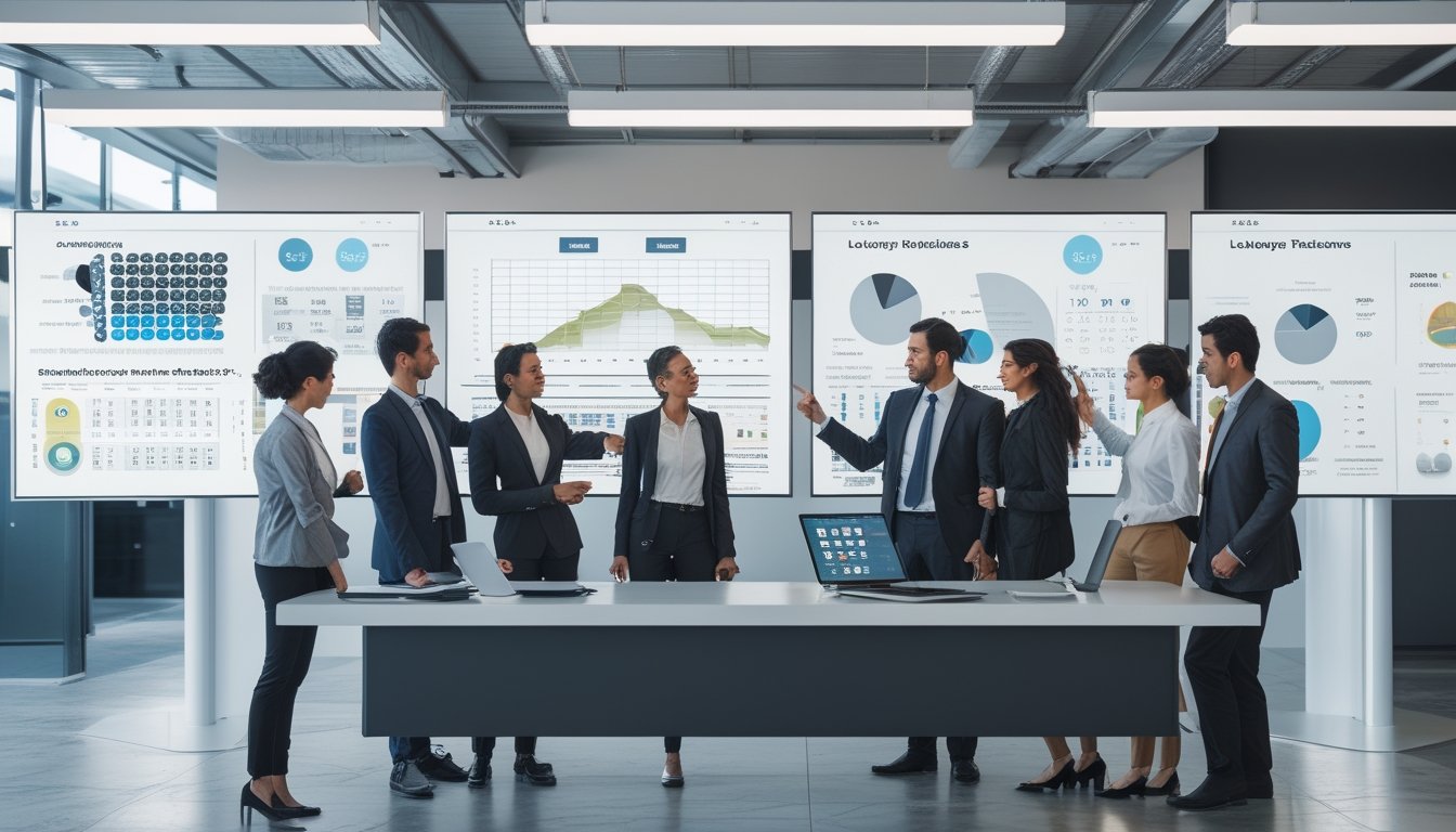 Sekelompok profesional sedang berdiskusi di kantor modern dengan layar komputer menampilkan grafik dan data analisis pola keluaran togel.