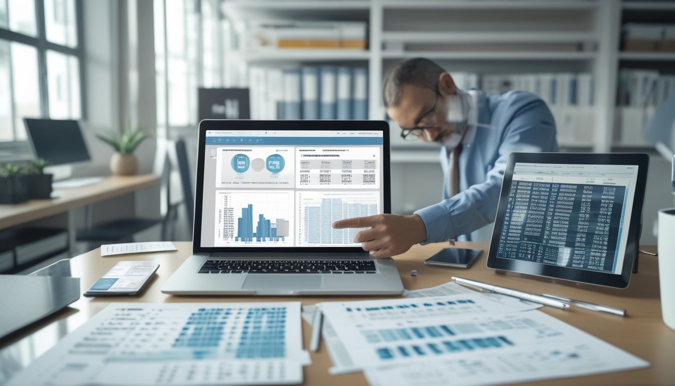 Seorang profesional sedang menganalisis data pola keluaran Toto Macau di ruang kerja modern dengan perangkat digital dan dokumen statistik.