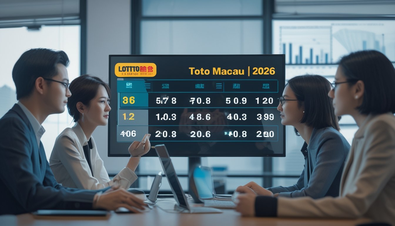 Orang-orang menonton layar digital menampilkan hasil undian Toto Macau secara langsung di kantor modern.