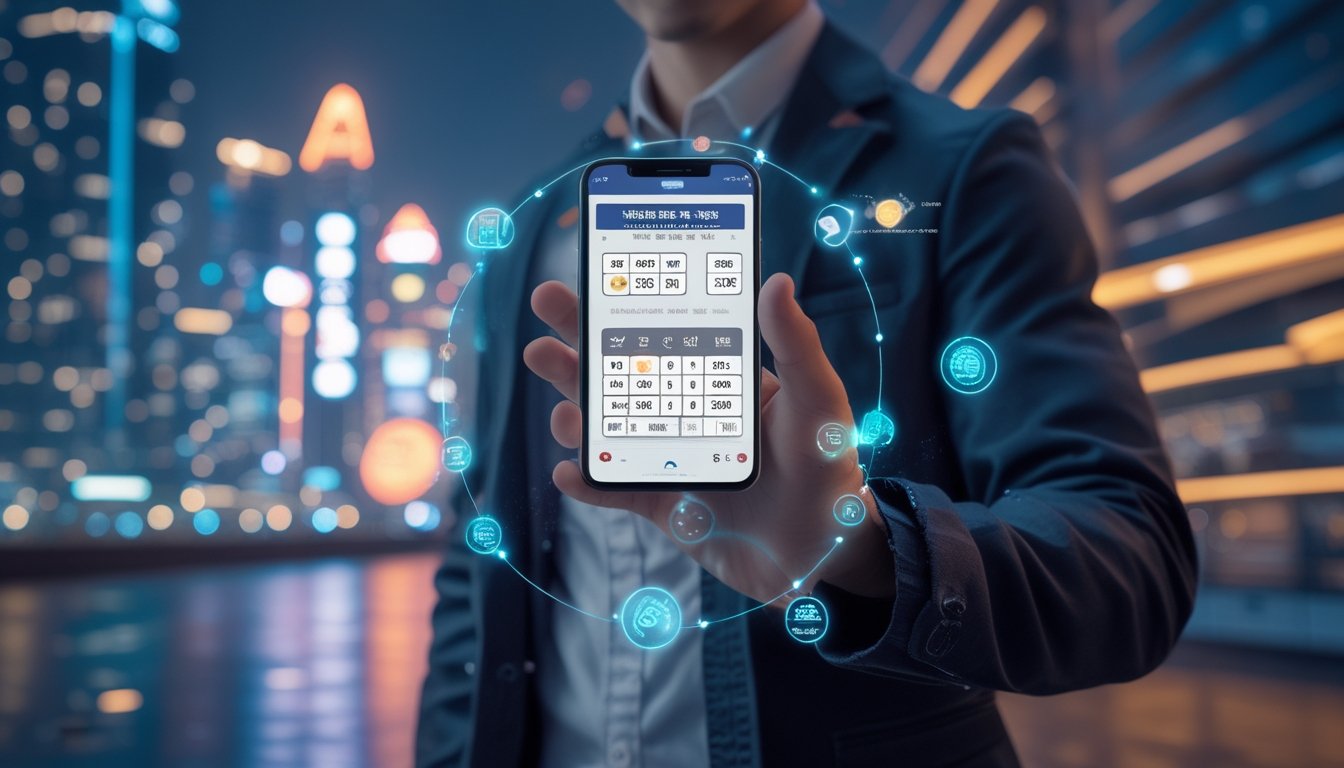 Seorang dewasa muda memegang ponsel dengan tampilan tiket Toto Macau digital, dengan latar belakang kota futuristik dan grafik angka lotre yang bersinar.