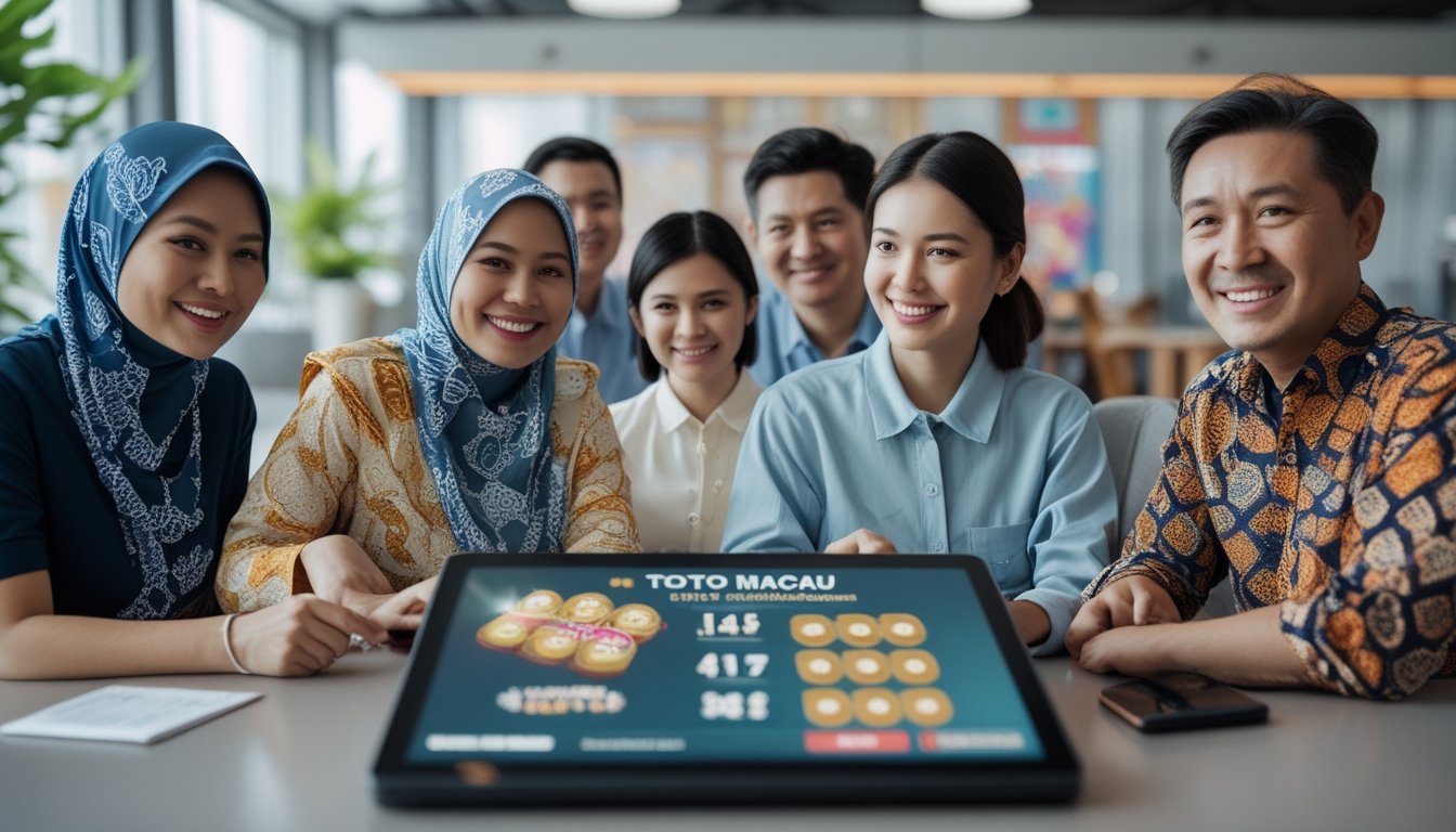 Sekelompok orang Indonesia sedang melihat hasil lotre Toto Macau di perangkat digital dalam ruangan modern.