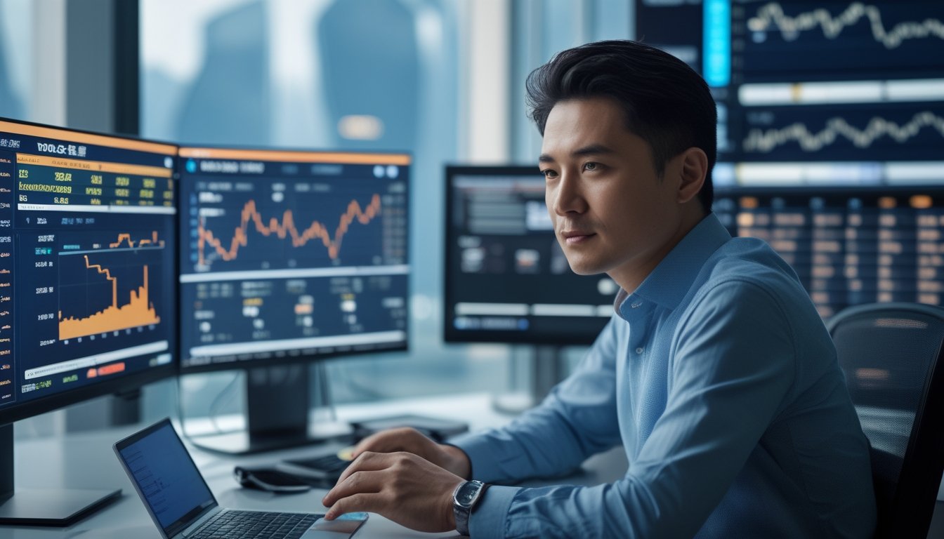Seseorang sedang mengelola modal taruhan dengan fokus di meja kerja yang rapi, dengan layar komputer menampilkan grafik dan data terkait Toto Macau.