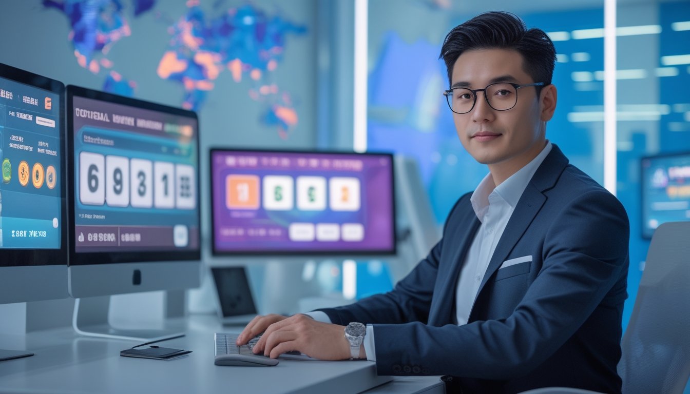 Seorang profesional duduk di meja kerja dengan beberapa monitor komputer menampilkan grafik warna-warni terkait layanan lotere online.