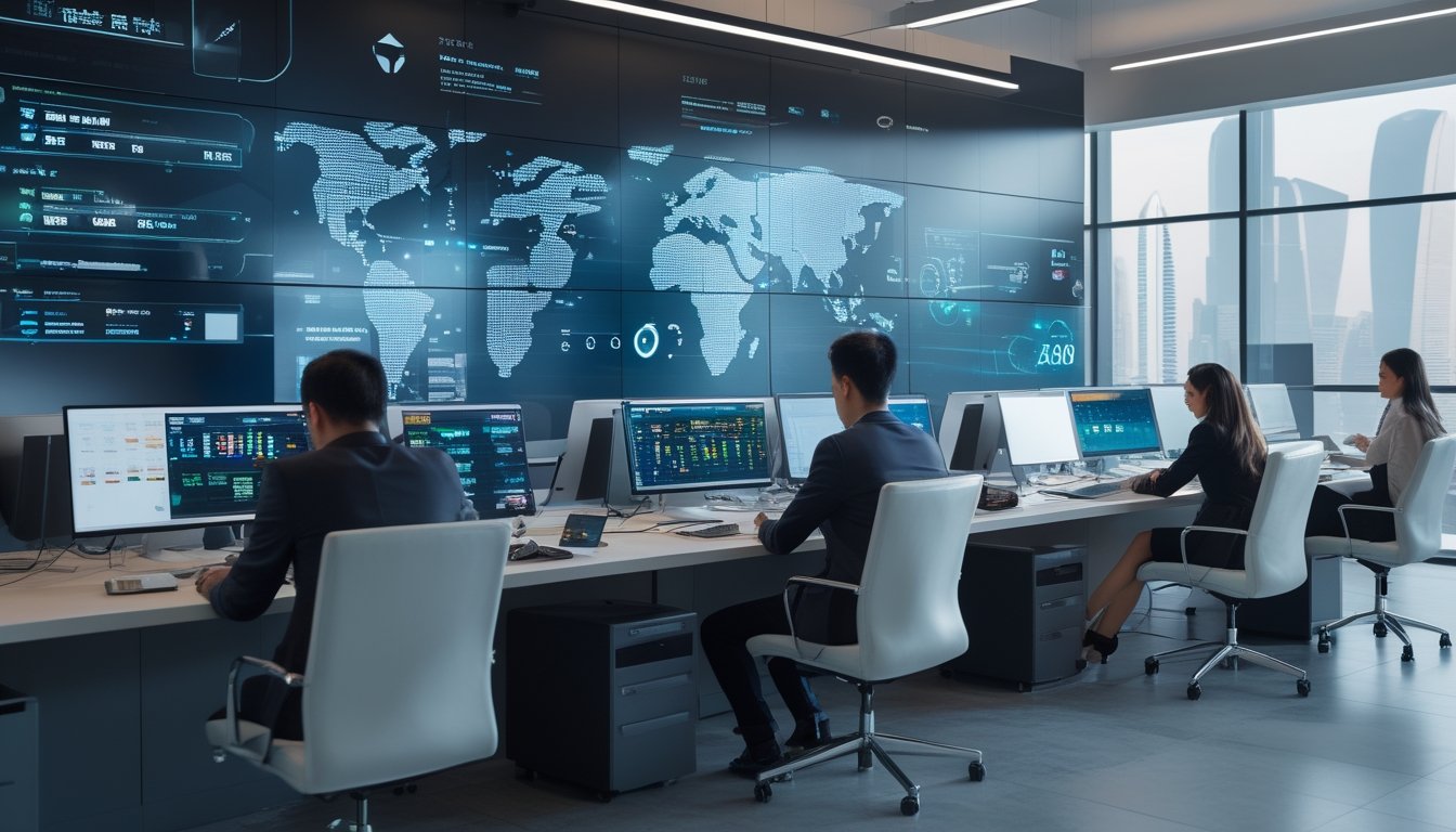 Sekelompok profesional sedang bekerja di kantor modern dengan komputer dan perangkat digital, fokus pada analisis data terkait permainan Toto Macau.