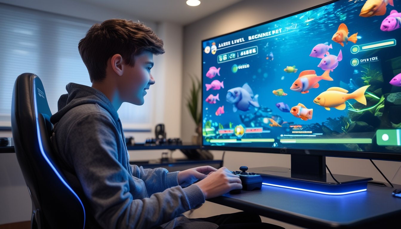 Seorang pemain muda sedang bermain game tembak ikan di ruang bermain modern dengan layar besar dan grafik bawah laut yang cerah.