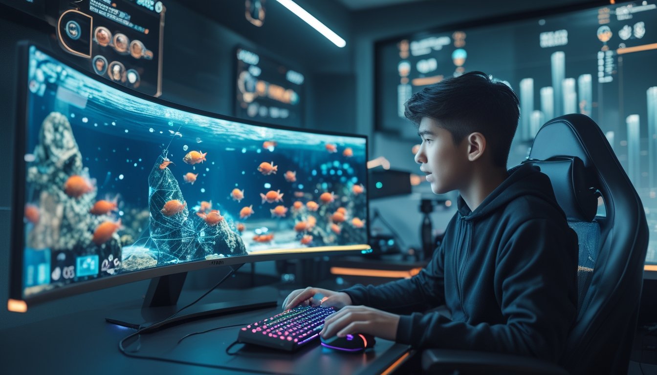 Seorang pemain muda sedang bermain game tembak ikan online dengan monitor modern dan pencahayaan LED di ruangan futuristik.