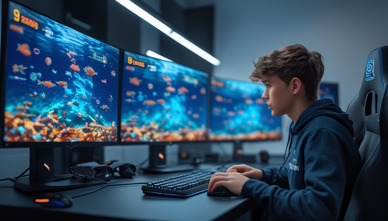 Seorang pemain muda sedang fokus bermain game tembak ikan online di depan beberapa monitor dengan tampilan bawah laut penuh ikan berwarna-warni.