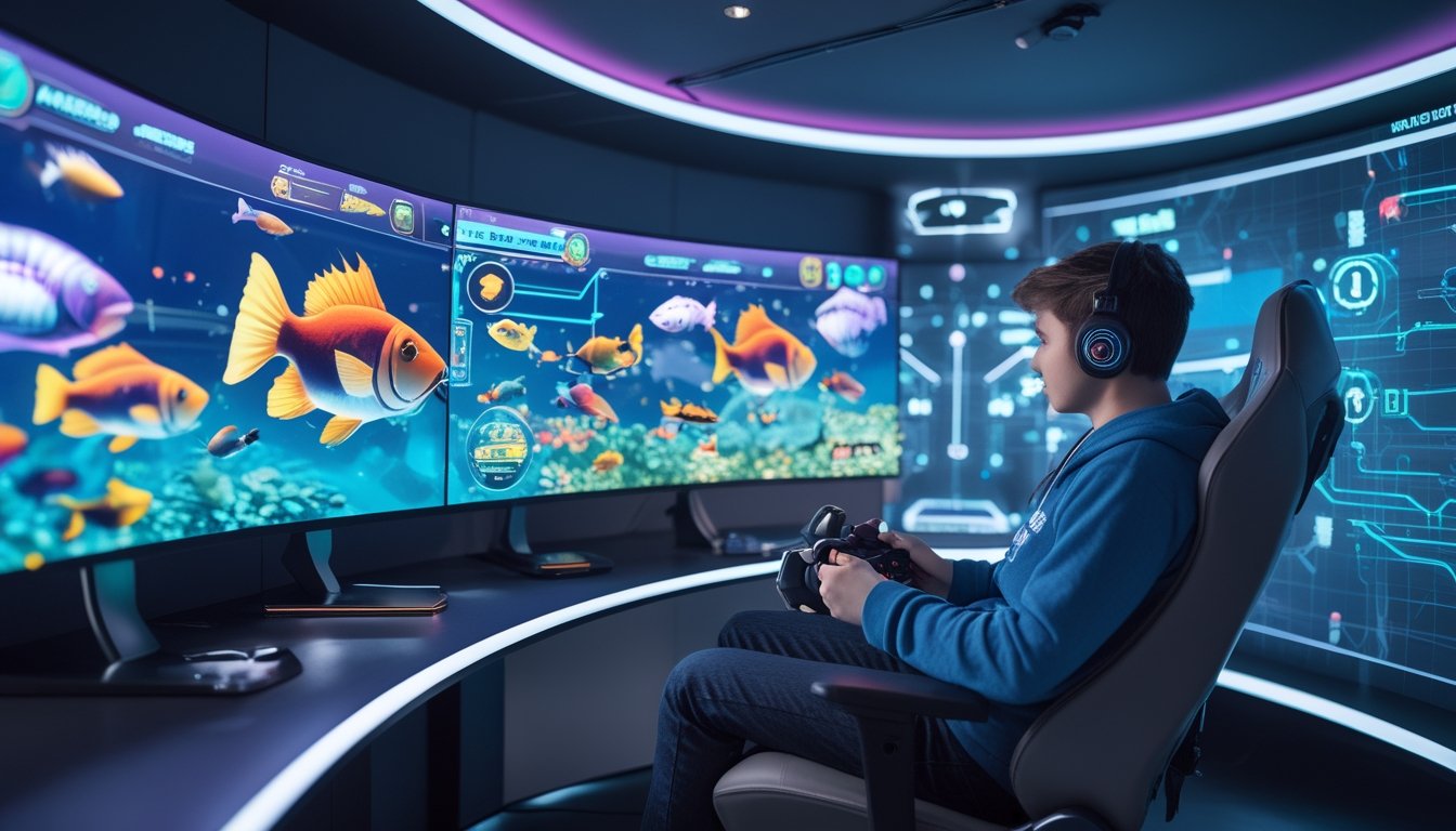 Seorang pemain muda sedang fokus bermain permainan tembak ikan dengan layar besar menampilkan ikan dan grafik bawah laut di ruangan game modern.