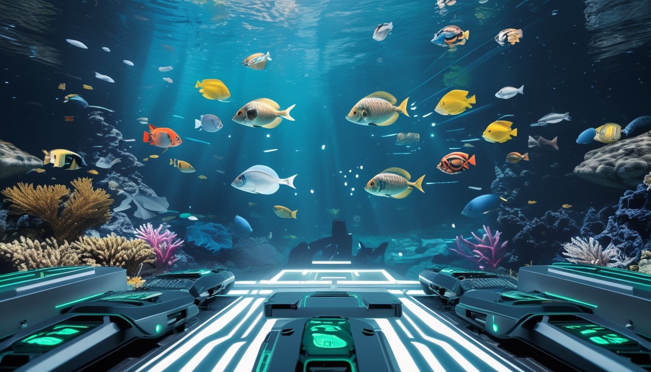 Adegan bawah laut dengan terumbu karang berwarna-warni, ikan-ikan yang berenang, dan beberapa senjata futuristik yang terlihat mengambang di depan.