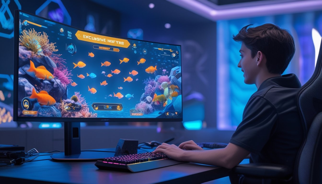 Seorang pemain muda sedang bermain game tembak ikan di komputer dengan layar menampilkan grafik ikan berwarna-warni dan suasana ruangan dengan pencahayaan biru dan ungu.