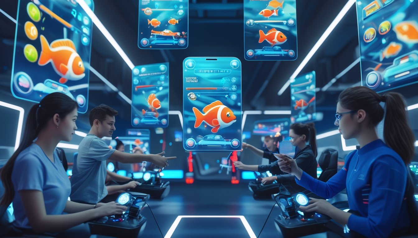 Beberapa orang sedang bermain game tembak ikan dengan layar digital futuristik dan animasi ikan berwarna-warni di ruangan gaming berteknologi tinggi.