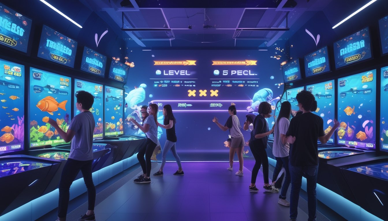 Beberapa orang muda bermain game tembak ikan dengan layar penuh warna dan berbagai level ikan di sebuah ruangan game modern.