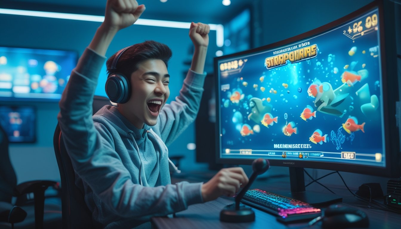 Seorang pemain muda yang gembira merayakan kemenangan besar saat bermain game tembak ikan di ruangan dengan pencahayaan biru dan aksesoris permainan di sekitarnya.