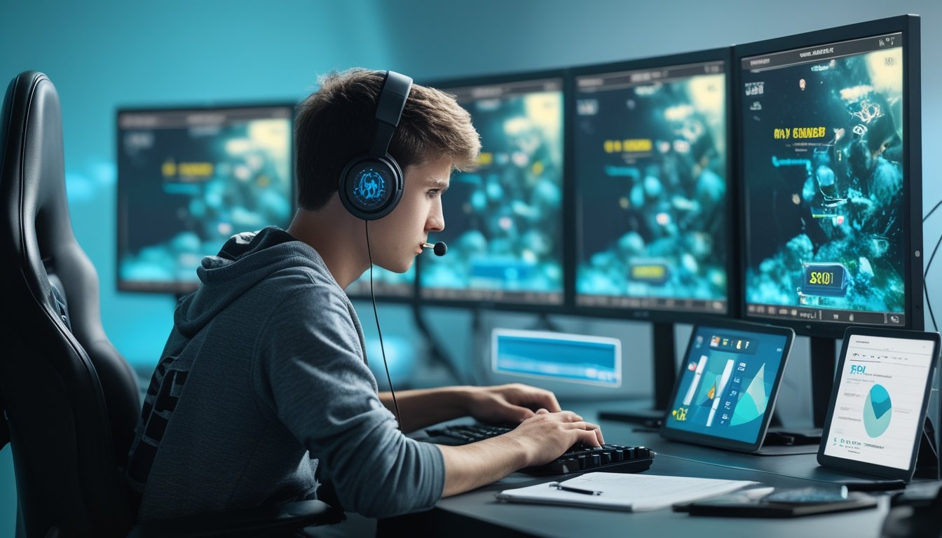 Seorang gamer muda duduk di depan komputer dengan beberapa layar menampilkan permainan tembak ikan, fokus mengatur modal koin untuk bertahan di level sulit.