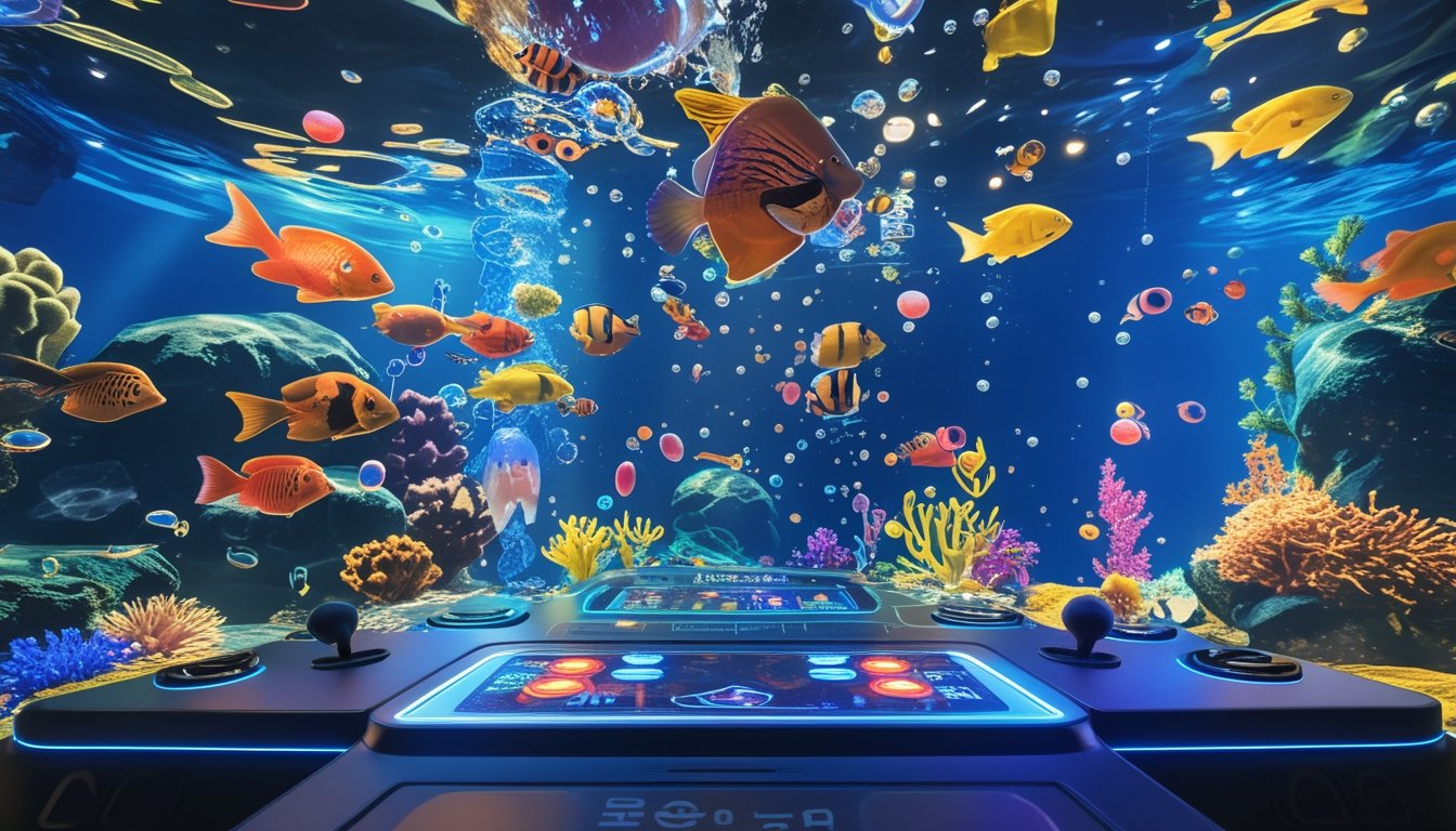 Pemandangan bawah laut dengan berbagai ikan berwarna-warni dan sebuah mesin permainan arcade modern yang menyala.