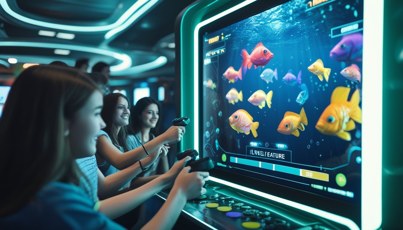 Beberapa pemain muda sedang asyik memainkan game tembak ikan dengan layar penuh ikan berwarna-warni dan indikator level di latar belakang bawah laut.