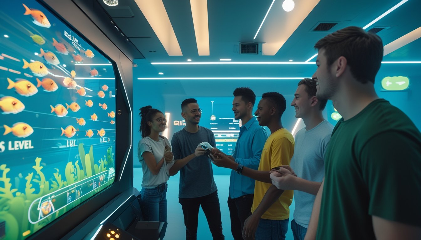 Sekelompok orang muda bermain dan belajar permainan tembak ikan di mesin arcade digital dengan grafis ikan berwarna-warni dan fitur level terbaru.