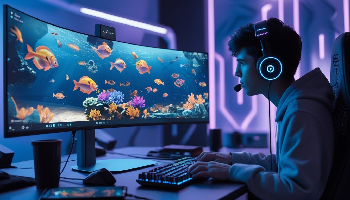 Seorang gamer muda sedang bermain game tembak ikan online di depan monitor besar dengan latar belakang dekorasi futuristik.