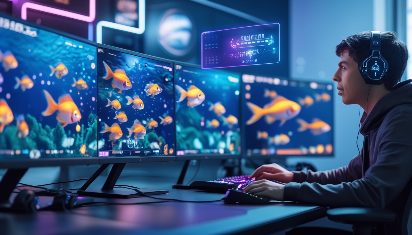 Seorang pemain muda sedang fokus bermain game tembak ikan online dengan layar komputer menampilkan ikan berwarna-warni dan suasana gaming futuristik.