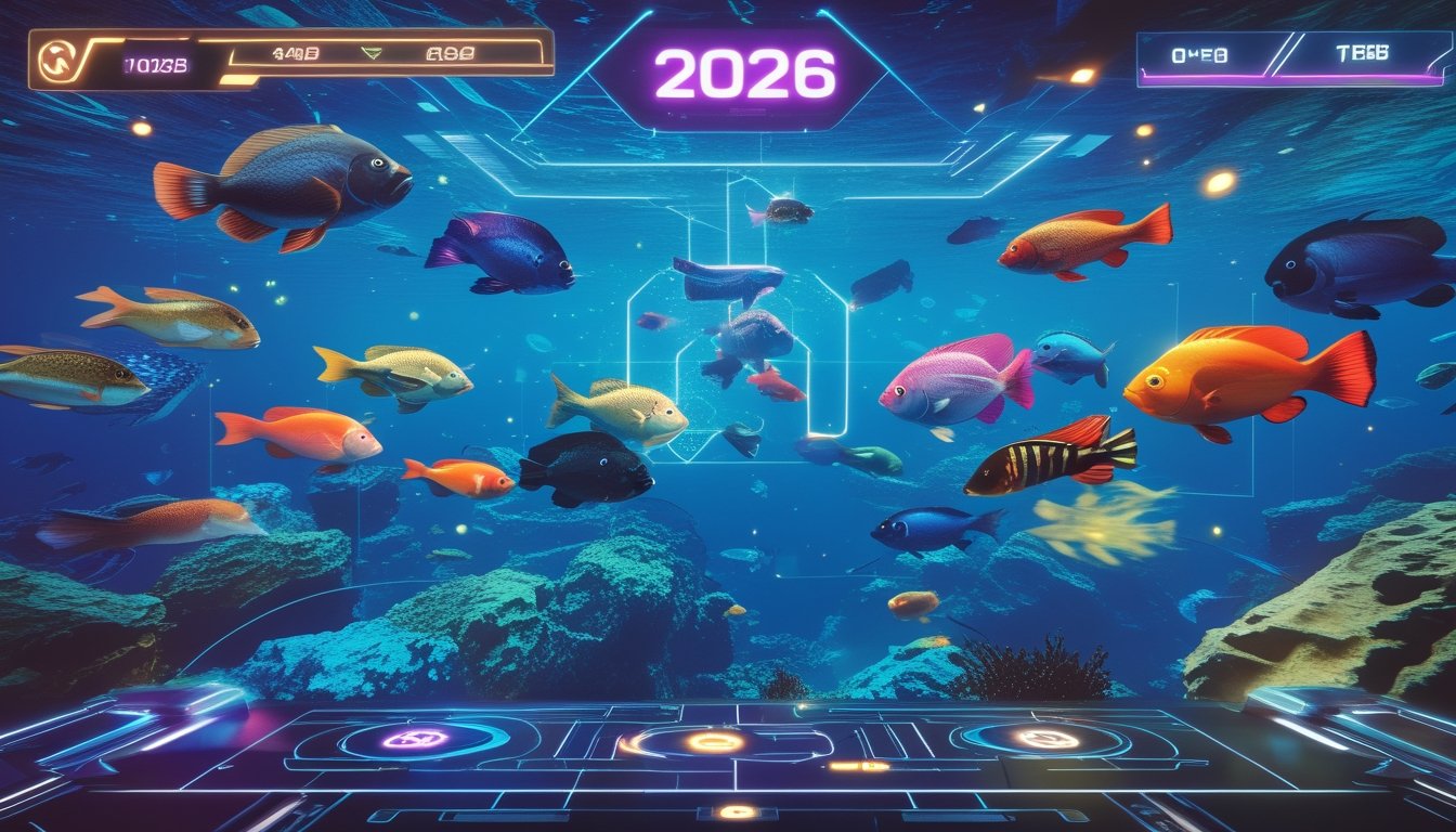 Adegan bawah laut dengan berbagai ikan berwarna-warni dan antarmuka permainan futuristik yang menampilkan elemen level dan tantangan.