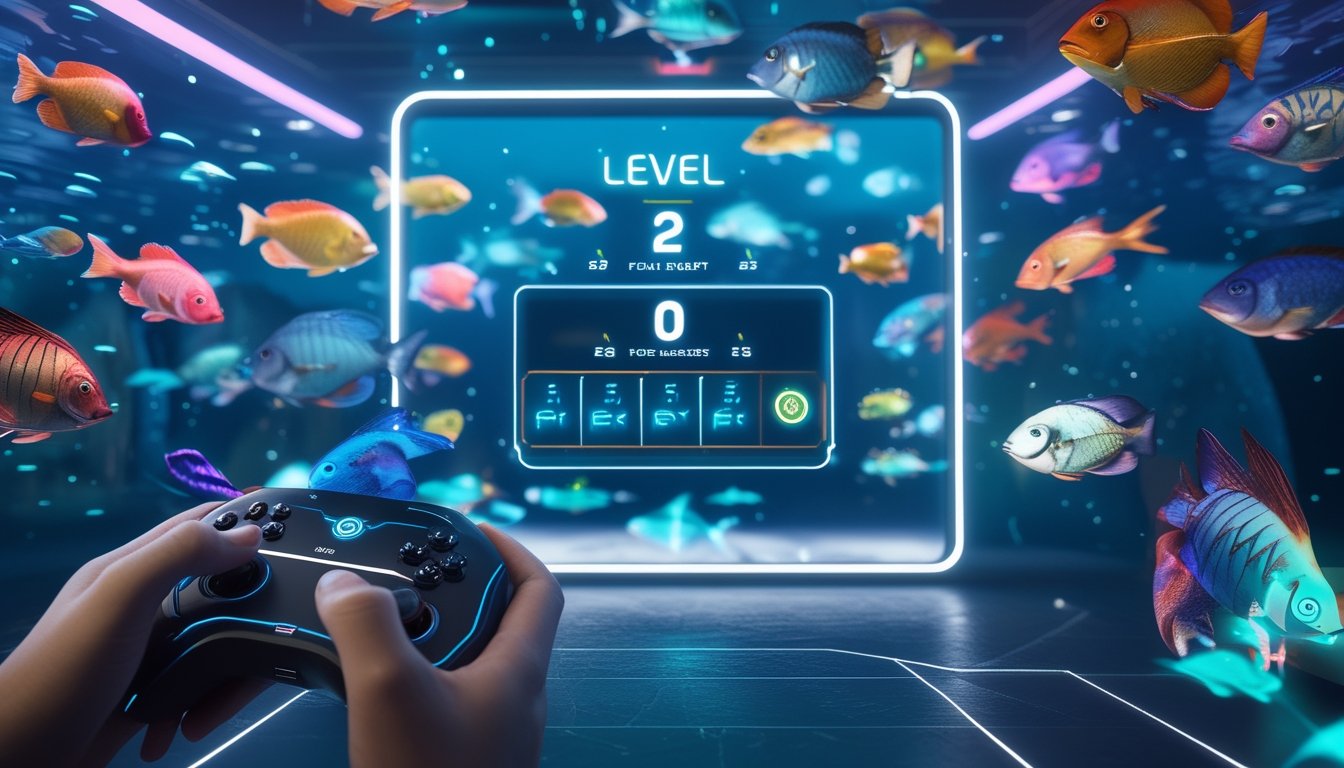 Tangan memegang pengendali game modern mengarah ke layar dengan ikan berwarna-warni dan indikator level dalam permainan tembak ikan.