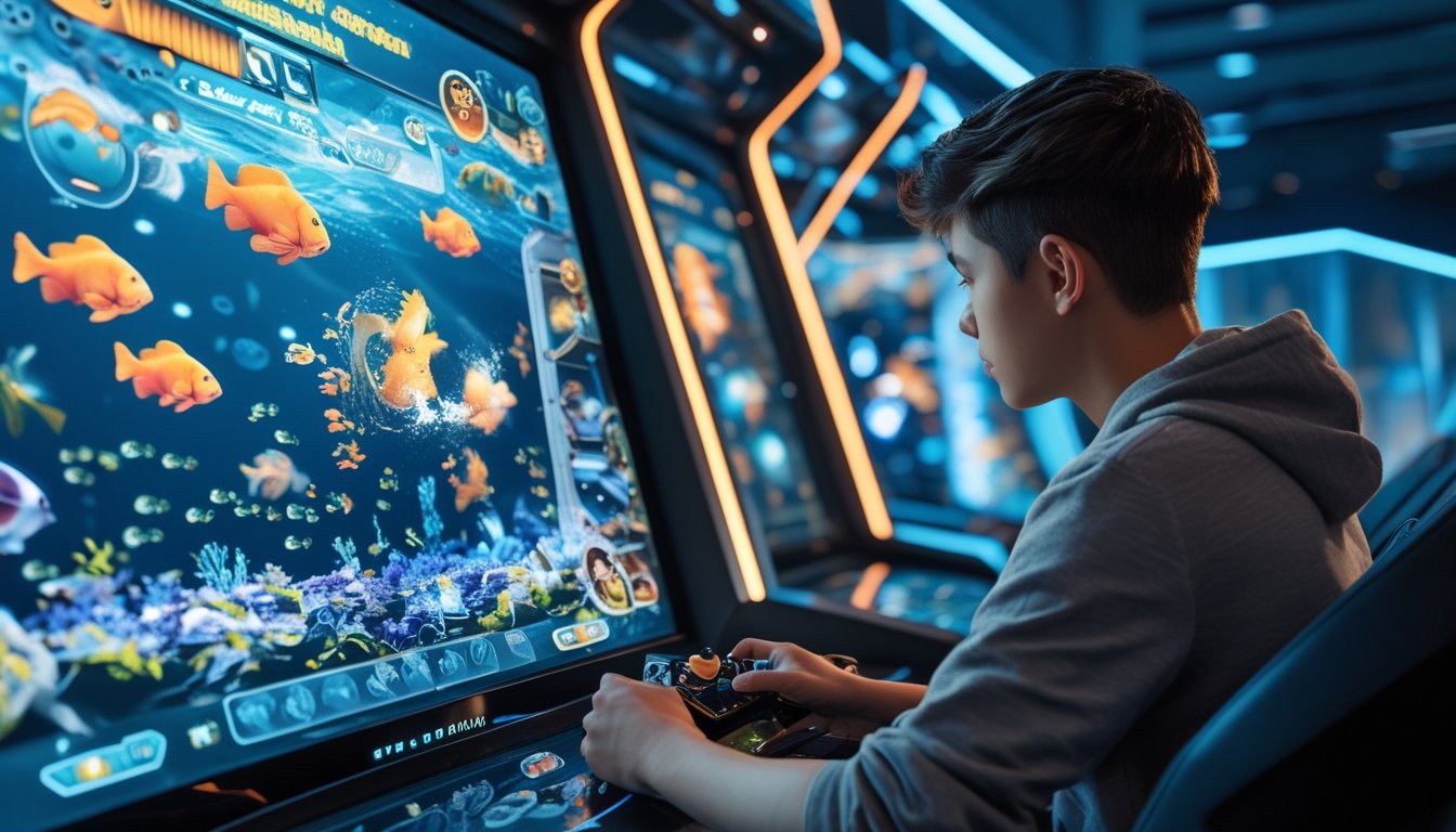 Seorang pemain muda sedang bermain permainan tembak ikan modern dengan mesin arcade berlampu warna-warni di sebuah ruang permainan berteknologi tinggi.