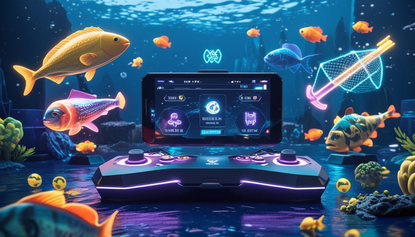 Konsol permainan futuristik dengan berbagai senjata berteknologi tinggi bertema bawah laut, dikelilingi oleh ikan dan efek gelembung di latar belakang laut biru.