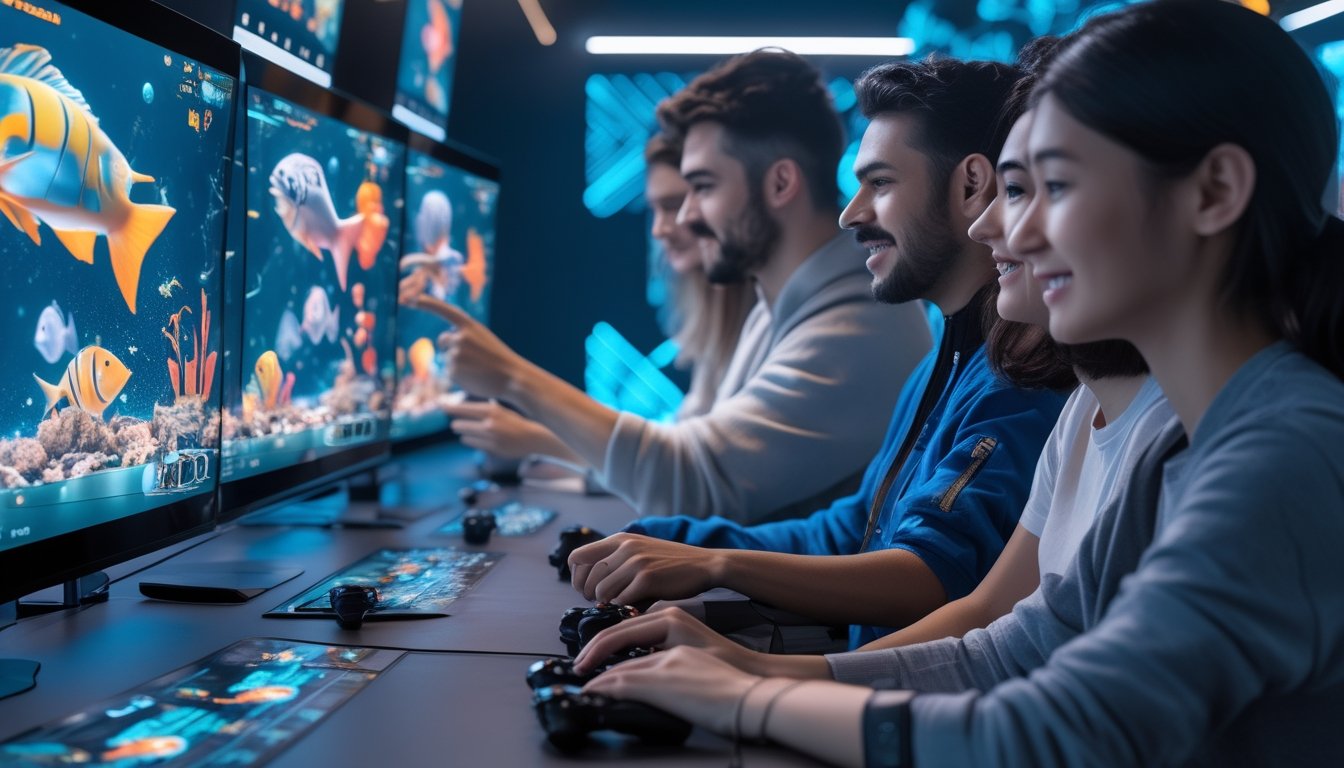 Beberapa orang sedang bermain game tembak ikan dengan layar berwarna-warni yang menampilkan ikan dan suasana bawah laut.