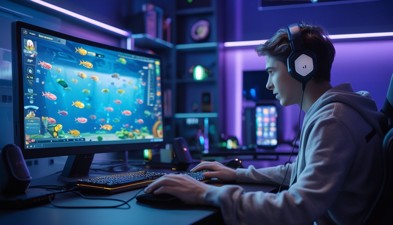 Seorang pemain muda sedang bermain game tembak ikan di komputer dengan layar menampilkan grafis bawah laut yang penuh warna.