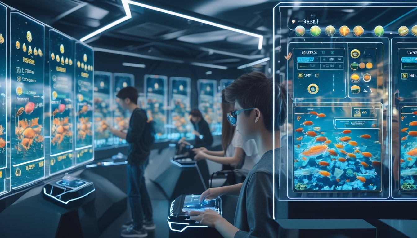 Beberapa orang sedang bermain game menembak ikan dengan layar digital berwarna-warni di sebuah ruang permainan modern.