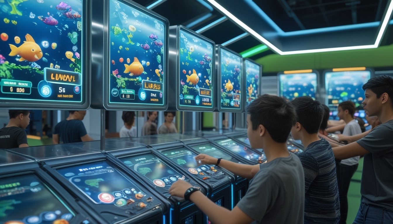 Beberapa orang sedang bermain game tembak ikan dengan layar digital menampilkan berbagai level dan fitur permainan di lingkungan arcade futuristik.