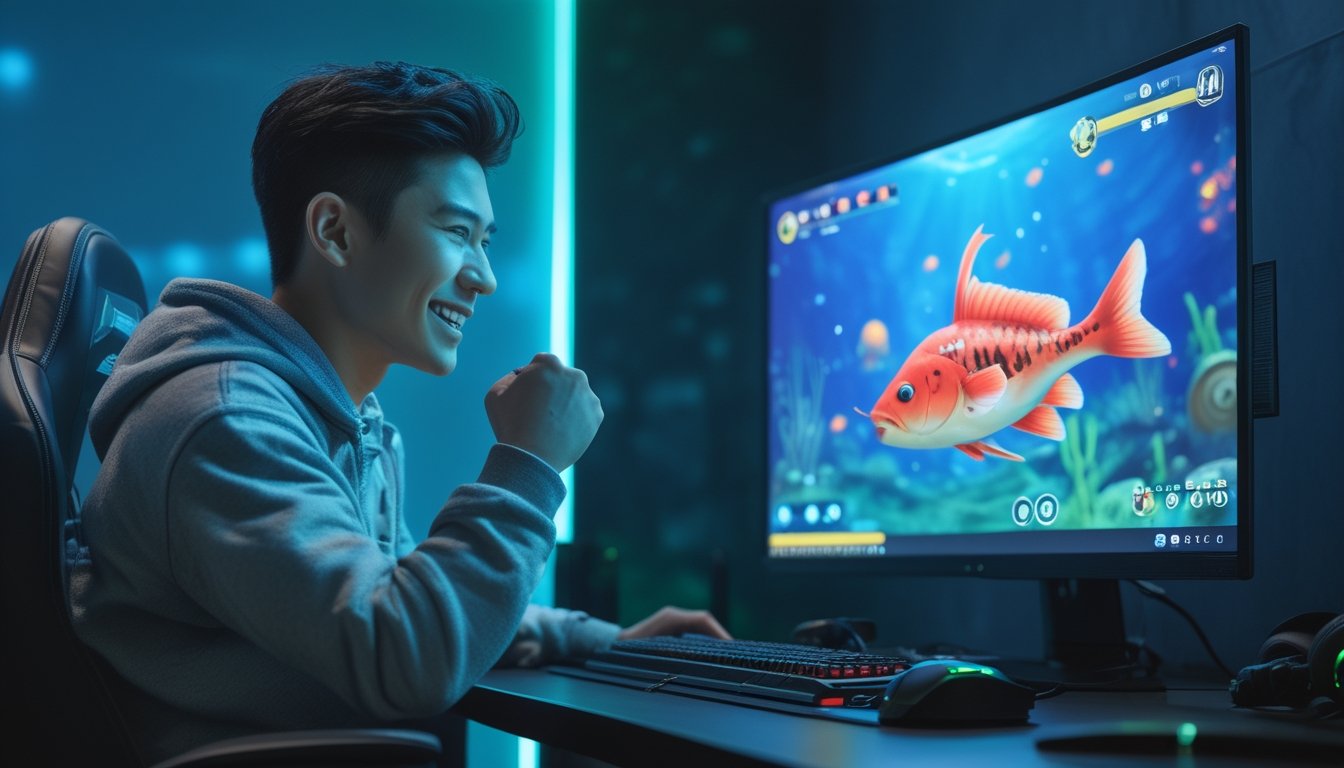 Seorang pria muda duduk di depan komputer dengan ekspresi fokus dan senang, bermain game tembak ikan di ruangan gaming yang terang dengan pencahayaan biru dan hijau.