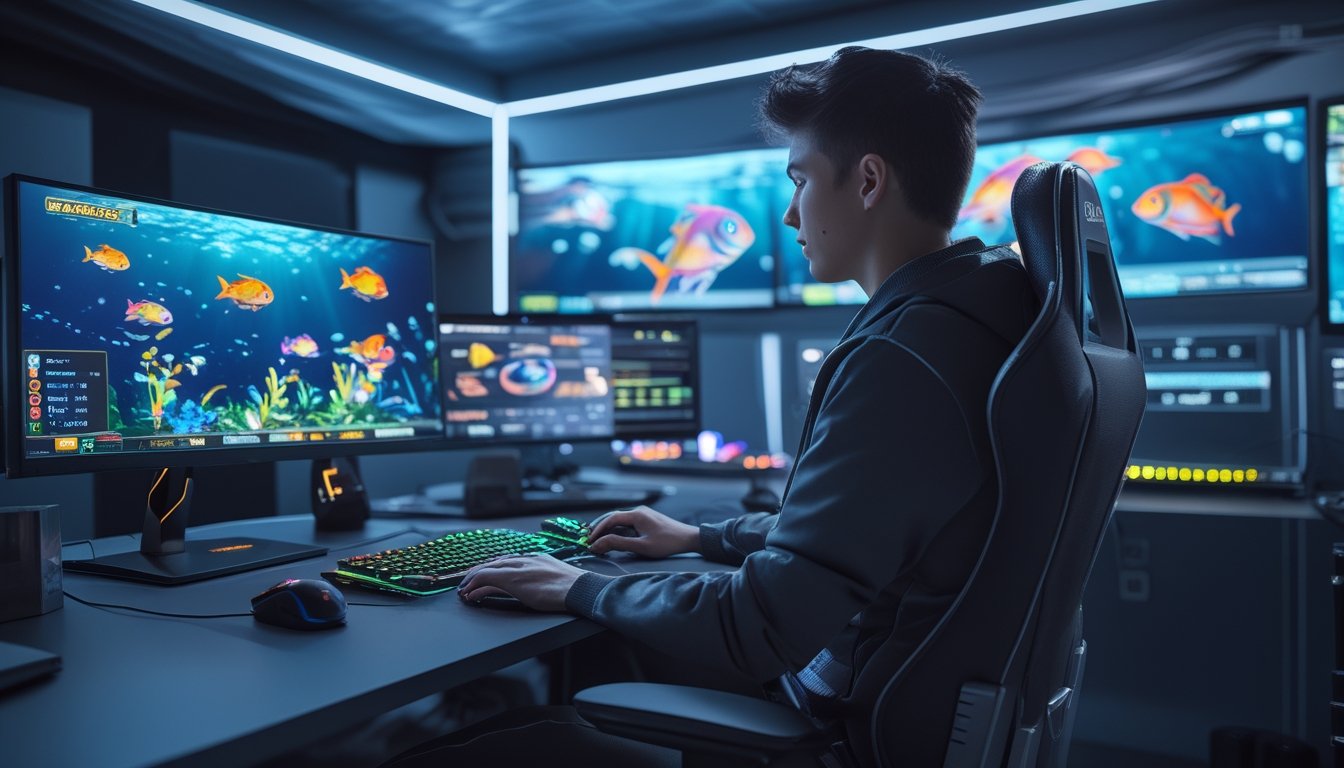 Seorang gamer muda fokus bermain game tembak ikan di meja dengan beberapa monitor dan lampu LED di ruangan modern.