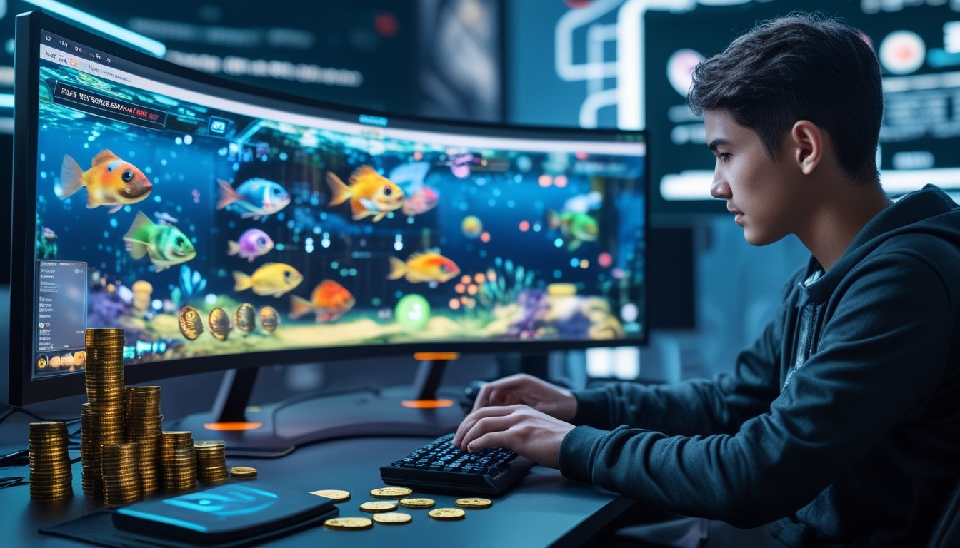 Seorang gamer muda fokus bermain game tembak ikan dengan layar komputer menampilkan ikan-ikan berwarna-warni dan tumpukan koin di meja permainan.