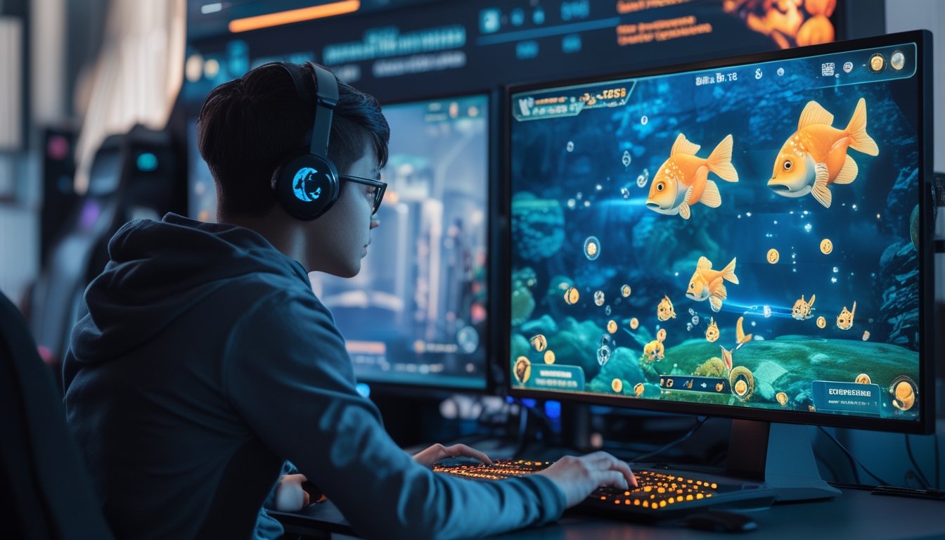 Seorang pemain game sedang fokus bermain permainan tembak ikan di depan monitor dengan latar belakang suasana gaming yang modern dan terorganisir.