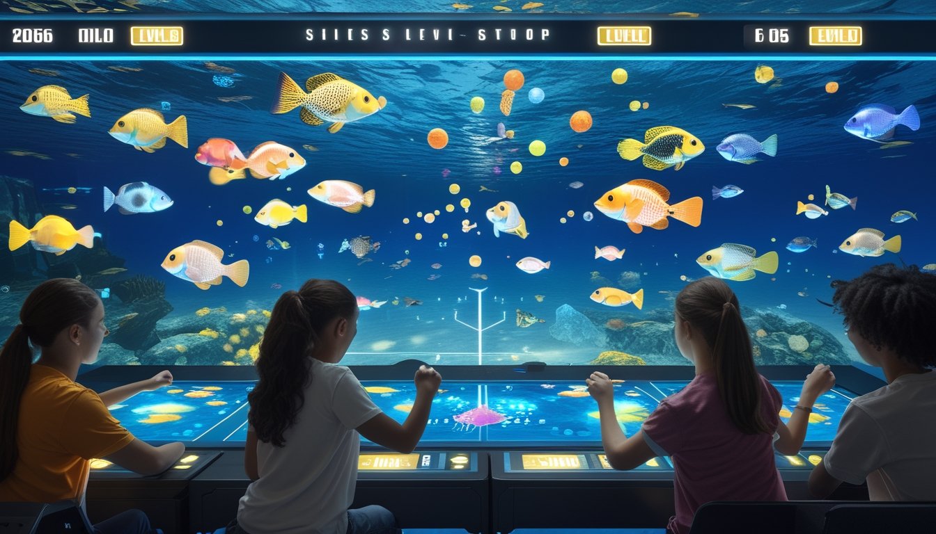 Pemandangan bawah laut dengan ikan berwarna-warni dan pemain yang sedang bermain game menembak ikan menggunakan perangkat modern.