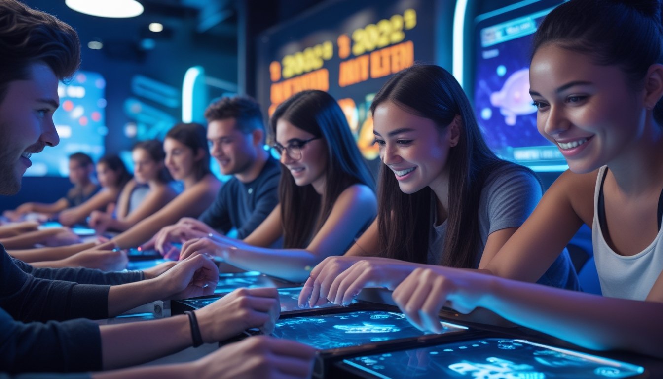 Beberapa pemain sedang asyik bermain game tembak ikan dengan fitur level di sebuah ruang bermain modern yang terang dan berteknologi tinggi.