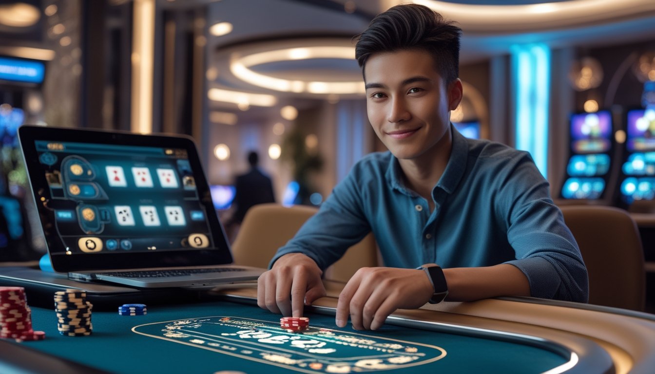 Seorang dewasa muda duduk di meja kasino modern dengan kartu dan chip digital, menggunakan laptop di lingkungan kasino yang elegan dan nyaman.