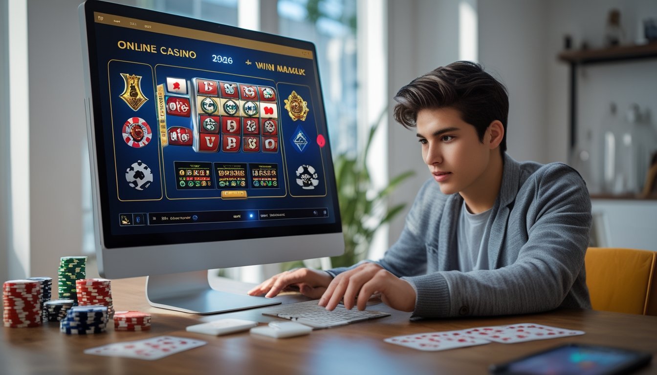 Seorang dewasa muda sedang menggunakan komputer dengan tampilan permainan casino online di ruang kerja modern yang terang.