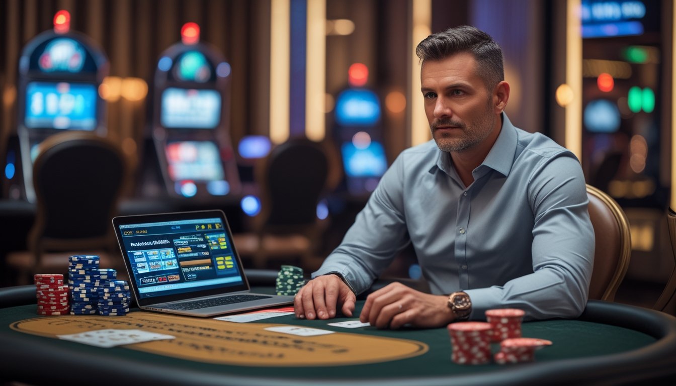 Seorang pria dewasa duduk di meja kasino dengan chip poker dan kartu, menggunakan laptop untuk bermain di situs casino online.