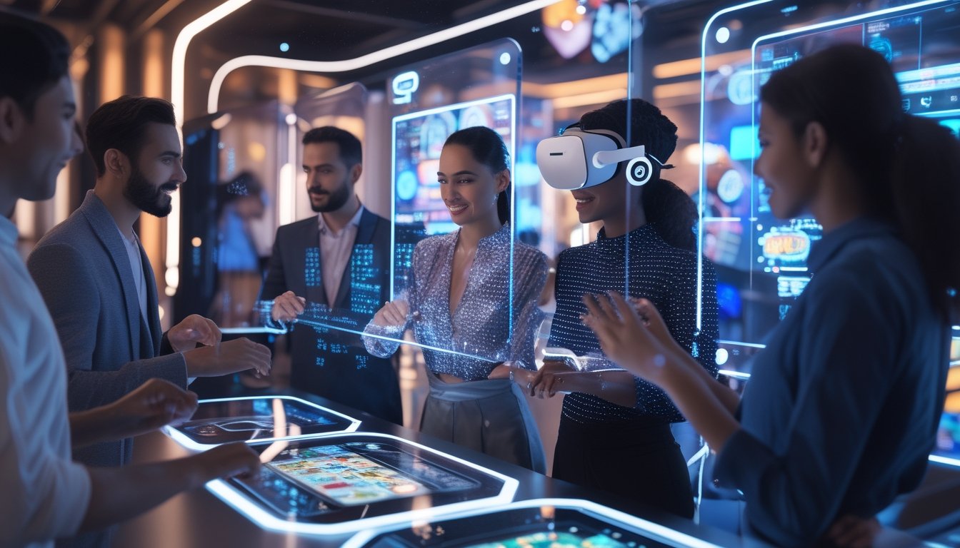 Beberapa orang sedang menggunakan teknologi canggih untuk bermain permainan kasino online dengan layar holografik di latar belakang yang futuristik.