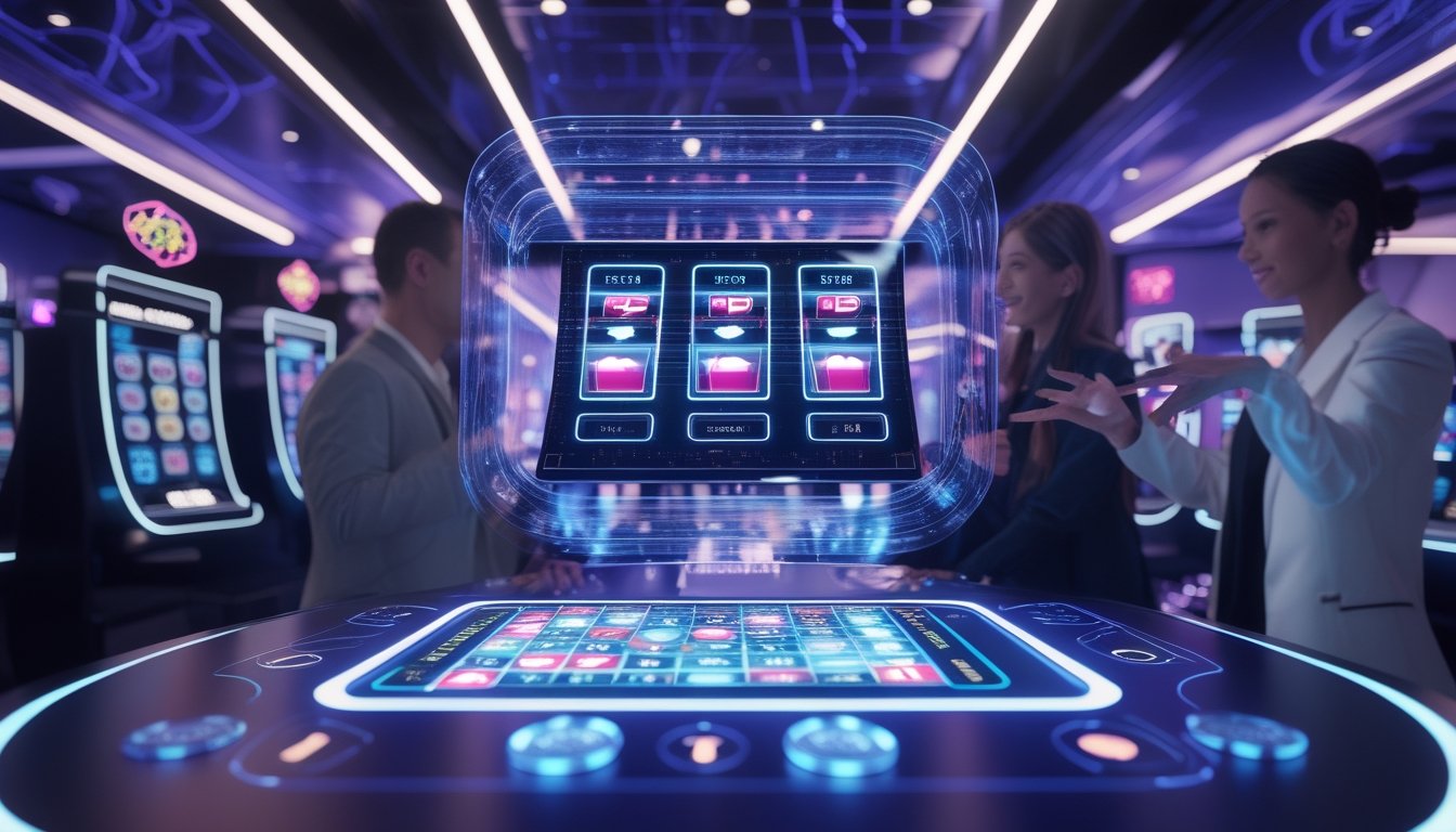 Orang-orang menggunakan perangkat realitas tertambah berinteraksi dengan layar holografik permainan kasino digital di ruangan berteknologi tinggi.