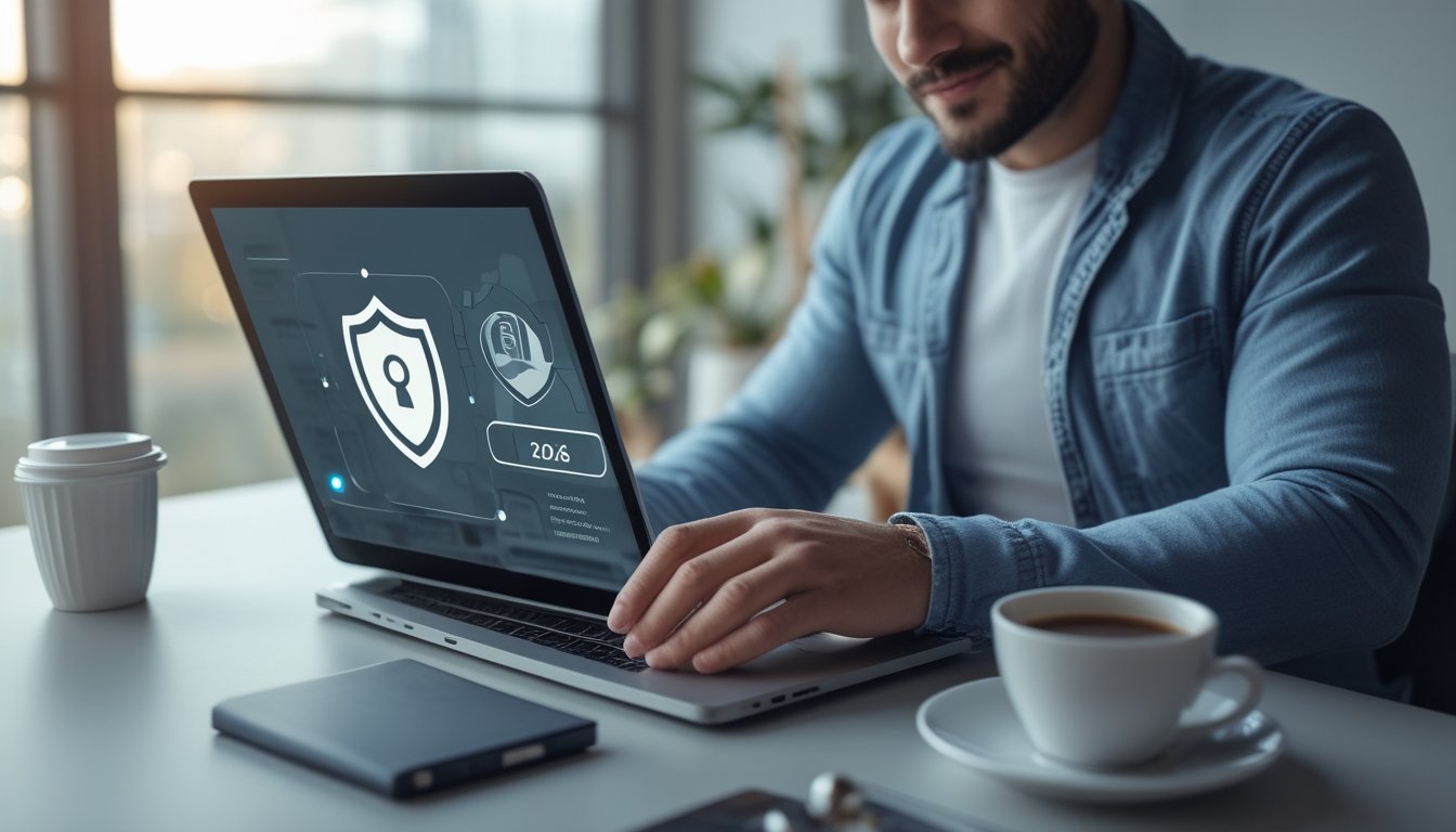 Seseorang menggunakan laptop di ruang kerja yang terang, terlihat fokus dan santai saat mencari platform kasino online yang aman.