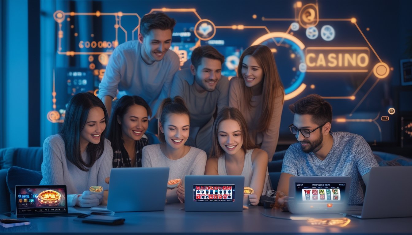 Sekelompok orang muda sedang bermain permainan kasino online menggunakan perangkat digital di ruang tamu yang nyaman dan modern.